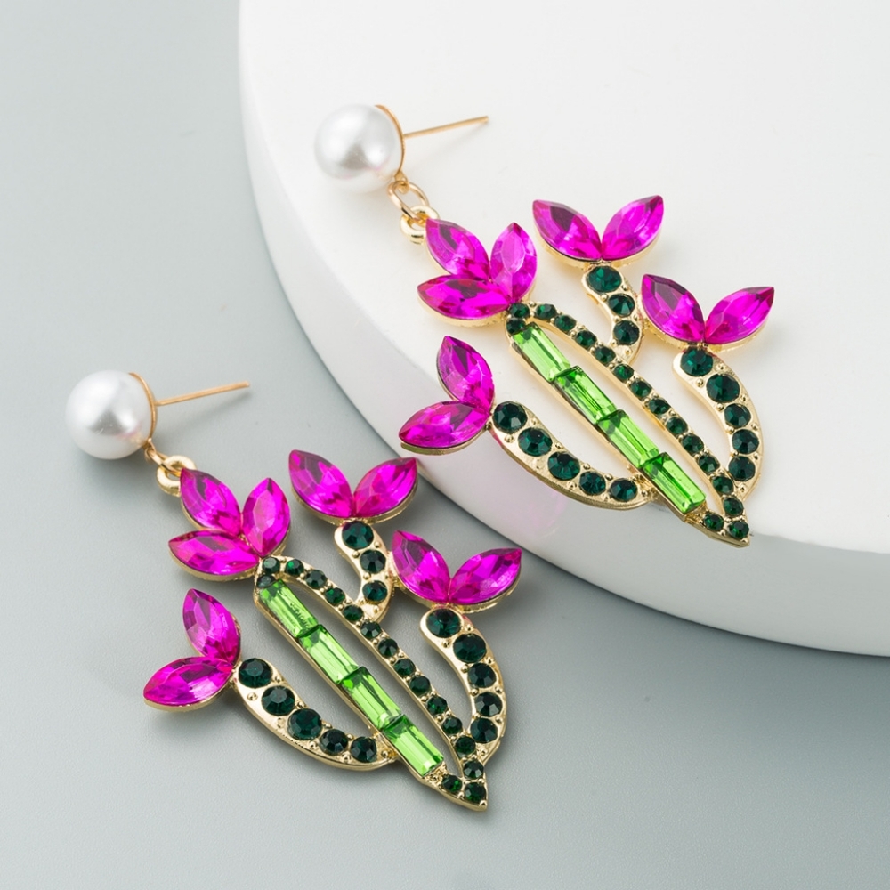 Pink Crystal & Rhinestone Cactus Earrings